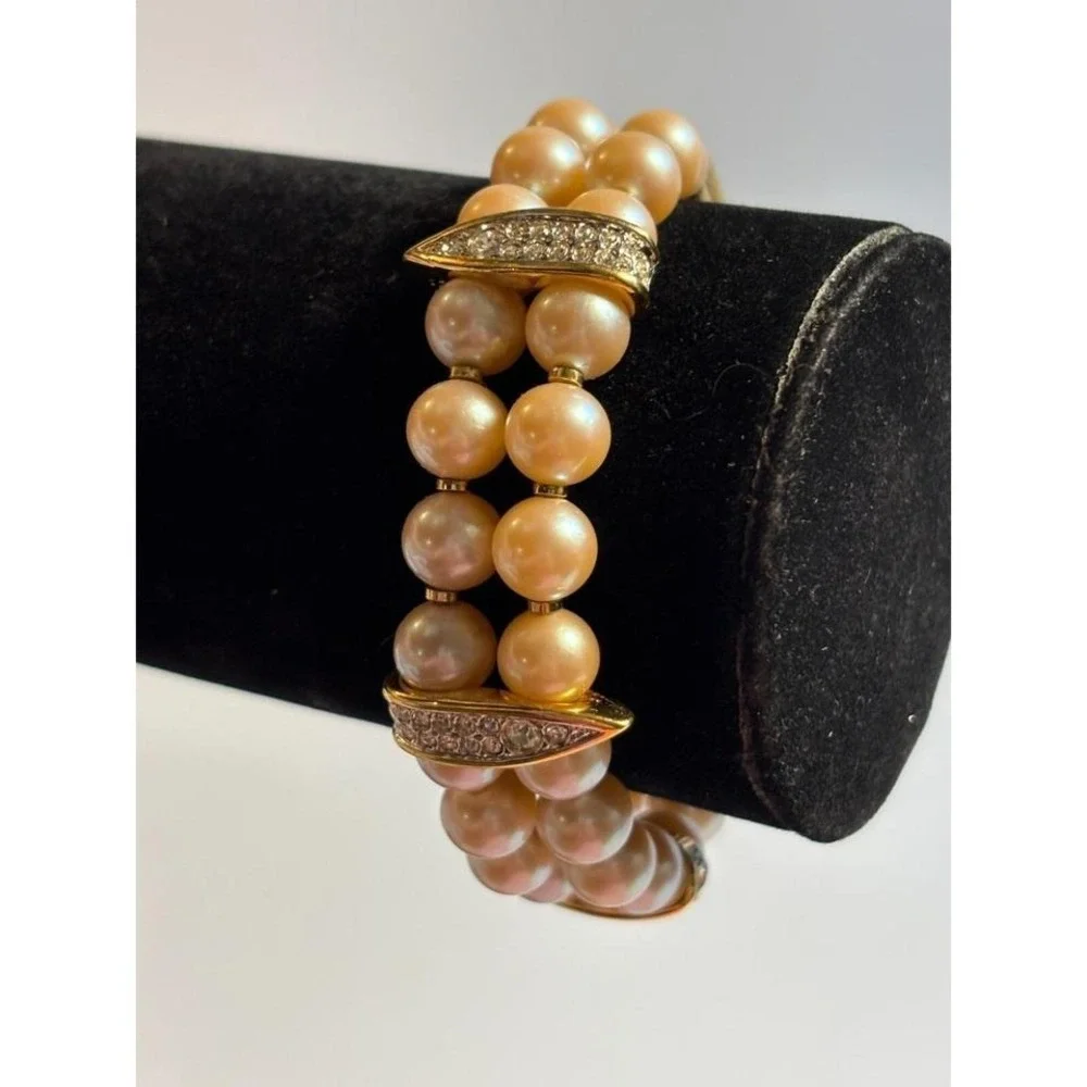 Bracelet Chunky‎ Bold 80s Maximalist Fashion Faux Pearl Gold Tone Rhinestone